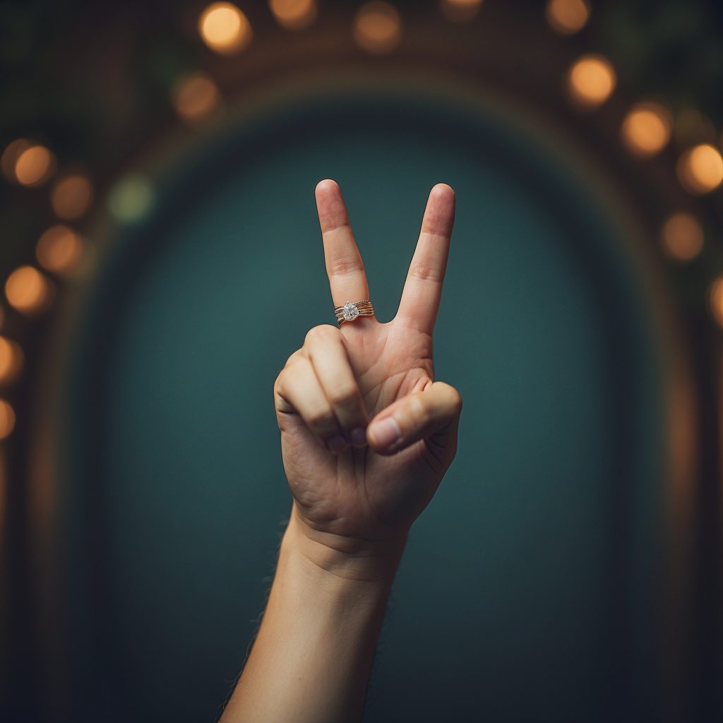 hand showing a peace sign with blue background