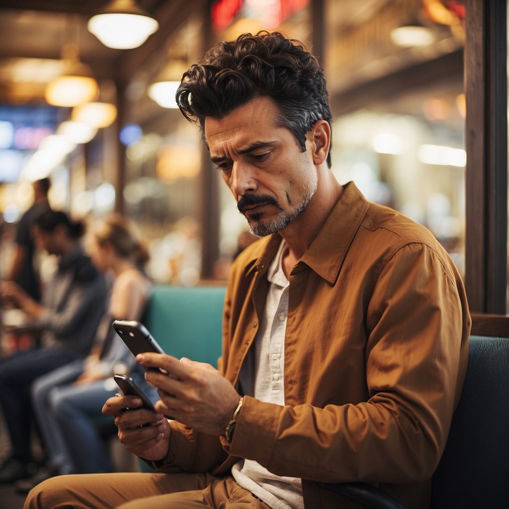 man stares at his phone in public ignoring those around him