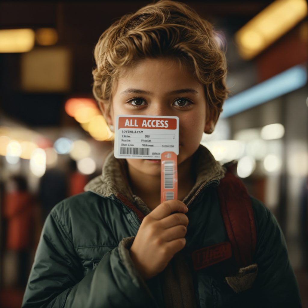 Child holding all-access pass over their face wearing a green coat