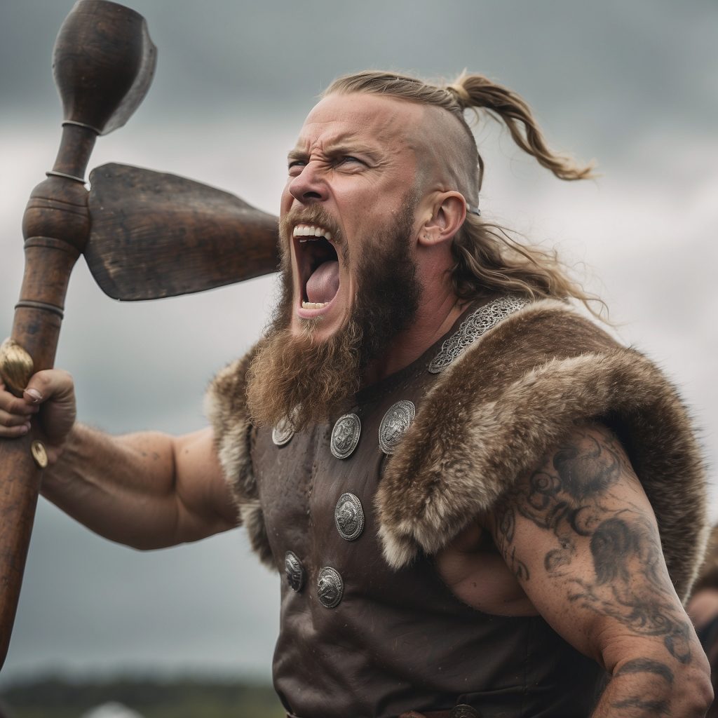 Viking man holds weapon while screaming